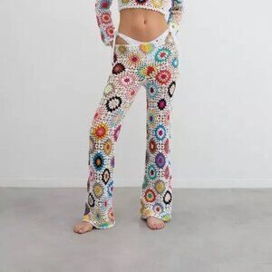 Nasty Gal Crochet Granny Square Beach Pants Size M Wide Leg Elastic Waist Sheer